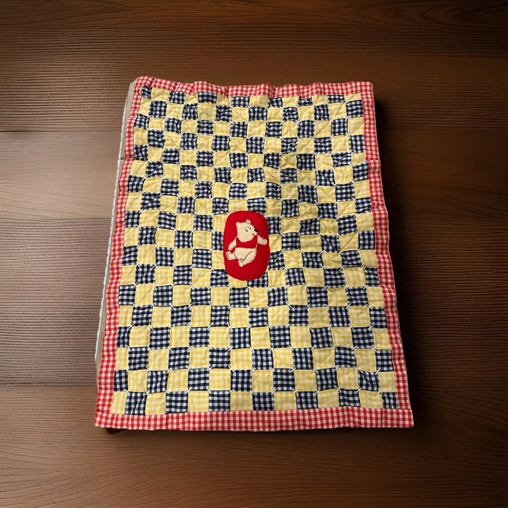 Adorable Handmade Vintage Winnie The Pooh Baby Blanket Red, yellow, Blue Check